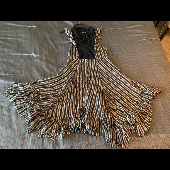 Free People One Caraway Stripe Maxi Dress Black Purple Cream Eyelet Lace Size M - Picture 8 of 16